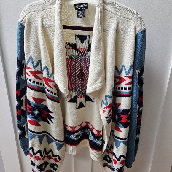 Wrangler Retro Men Or Women's Cream & Teal Aztec Shawl Collar Cardigan Sweater - Picture 3 of 9